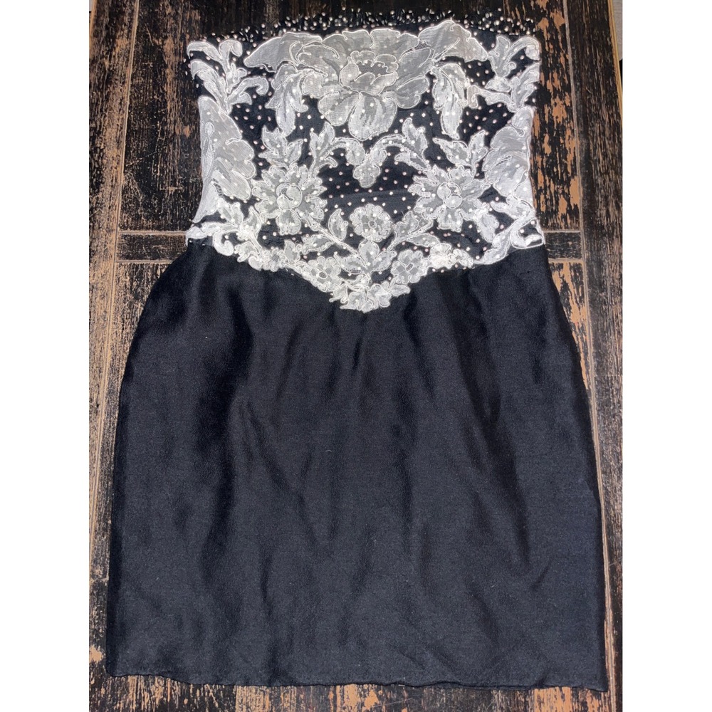 Vintage Liancarlo Vintage Strapless Lace Floral Applique Polka Dot  Dress Black